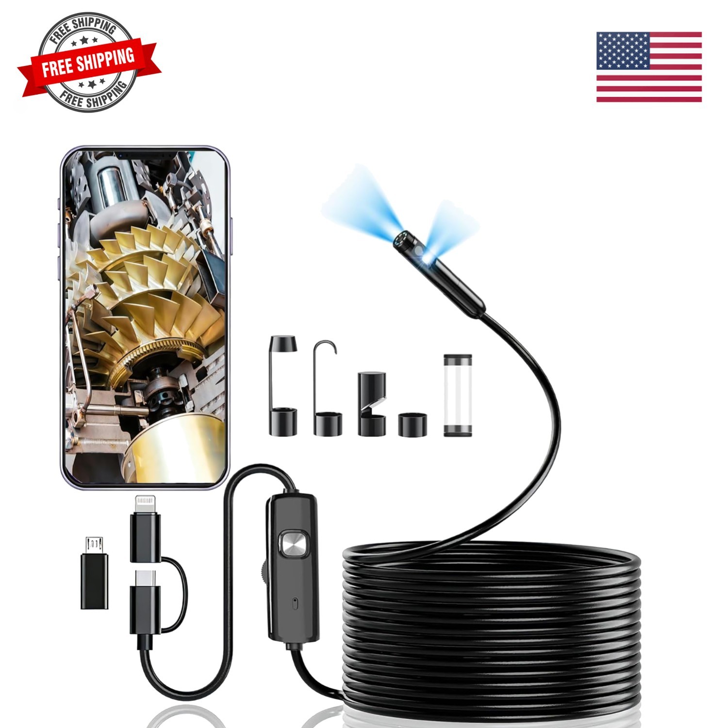 Dual-Lens Endoscope Camera with Light, 1920P HD Borescope with 8 Adjustable L...