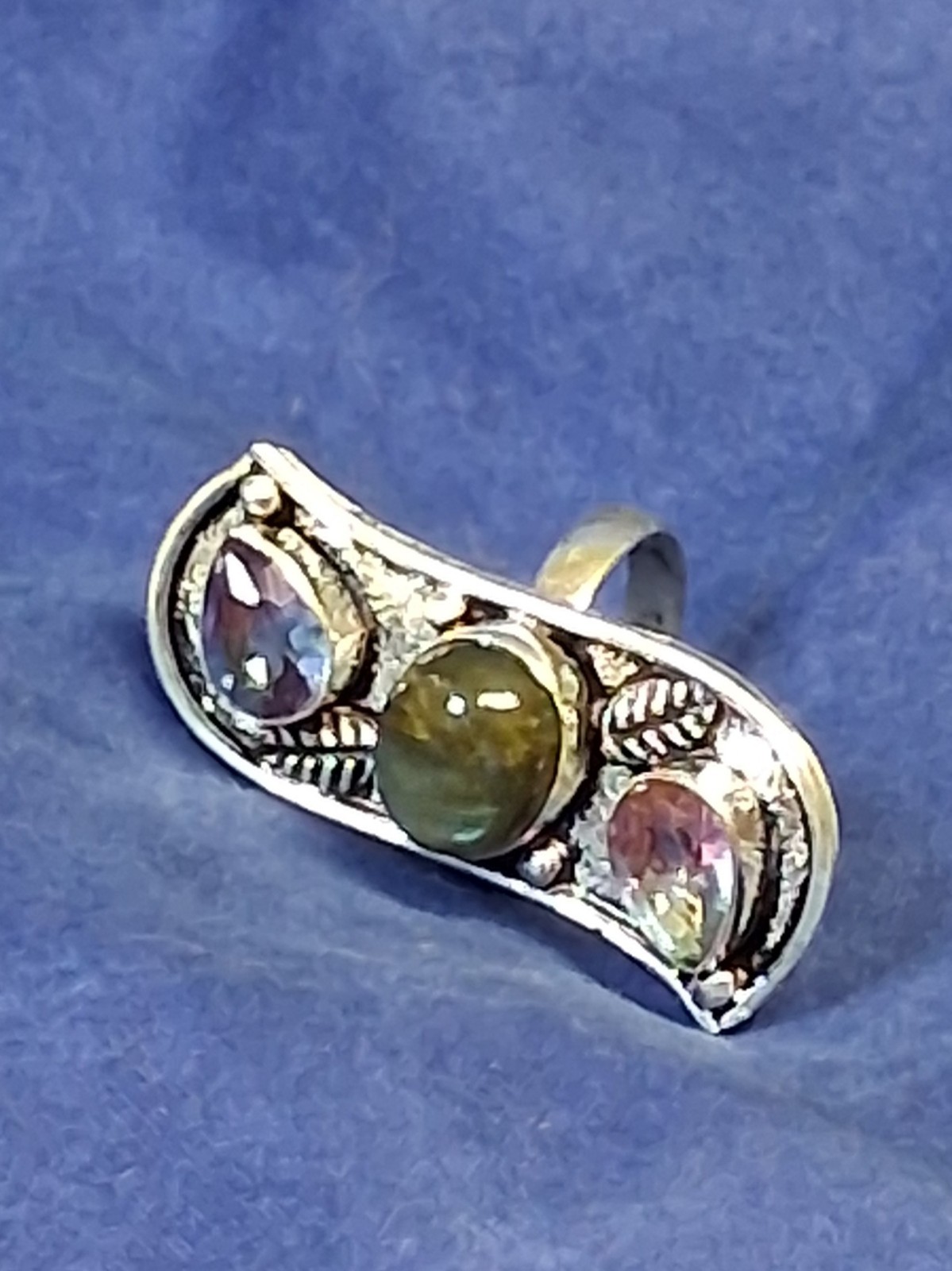 Labardorite & Pink/Blue Cut Quartz Gemstone Set in 925 SIlver Plate 8.5 sz Ring