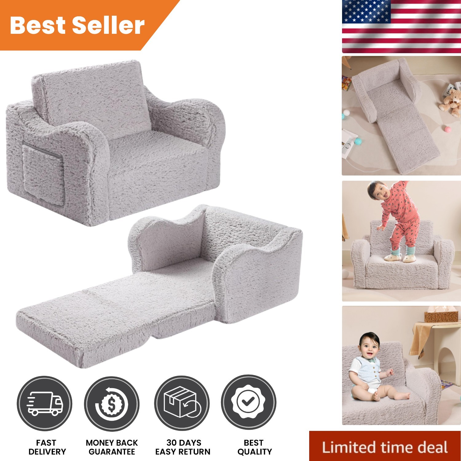 Kids Sherpa Lounge Chair - Cozy 2-in-1 Flip-Out Sofa for Playtime & Relaxation