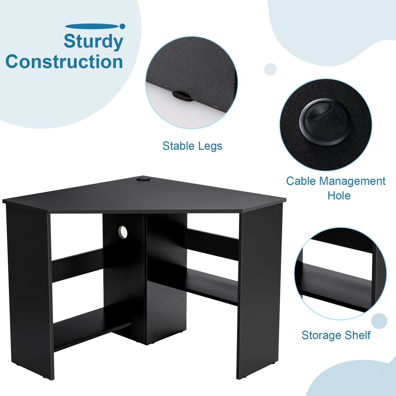 Triangle Writing Workstation Corner Computer Desk w/ Storage Shelf Black