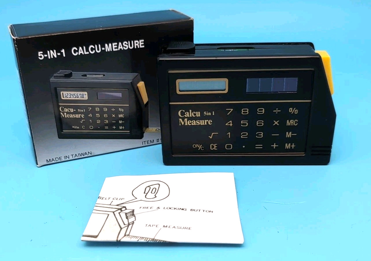 Vintage NEW NOS 1980s 5-in-1 Calcu-Measure Taiwan Tape Measure Calculator MORE