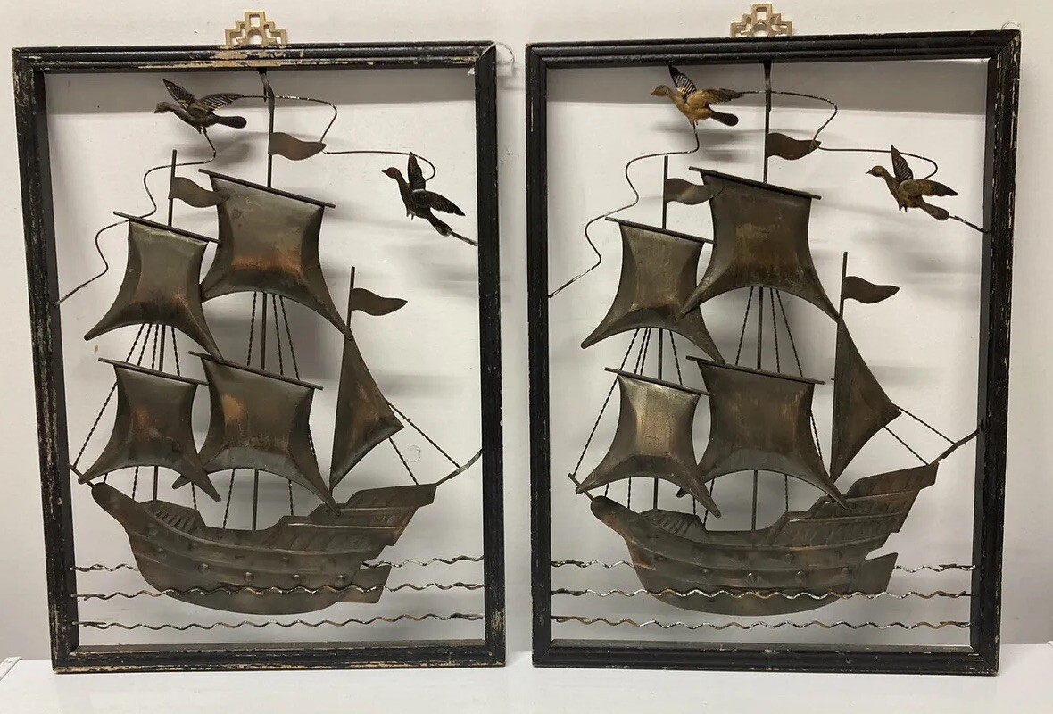 Vtg Brutalist 3D Metal Wall Art Clipper Ships 2pc Cut Out W/Asian Frames - AS IS