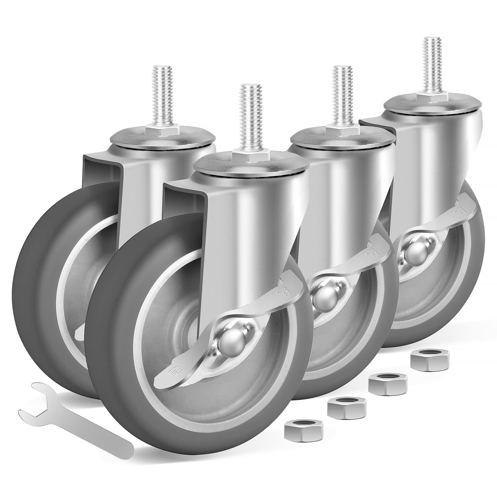 FOCBUGU 4 Inch 3/8"-16x1 Threaded Stem Caster Wheels with Brake, Set of 4