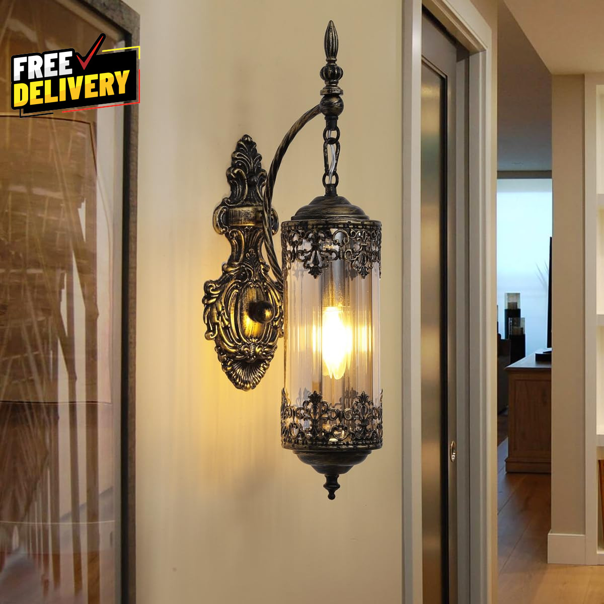 Rustic Wall Sconce with Amber Glass Mini Vintage Antique Gothic Wall Light