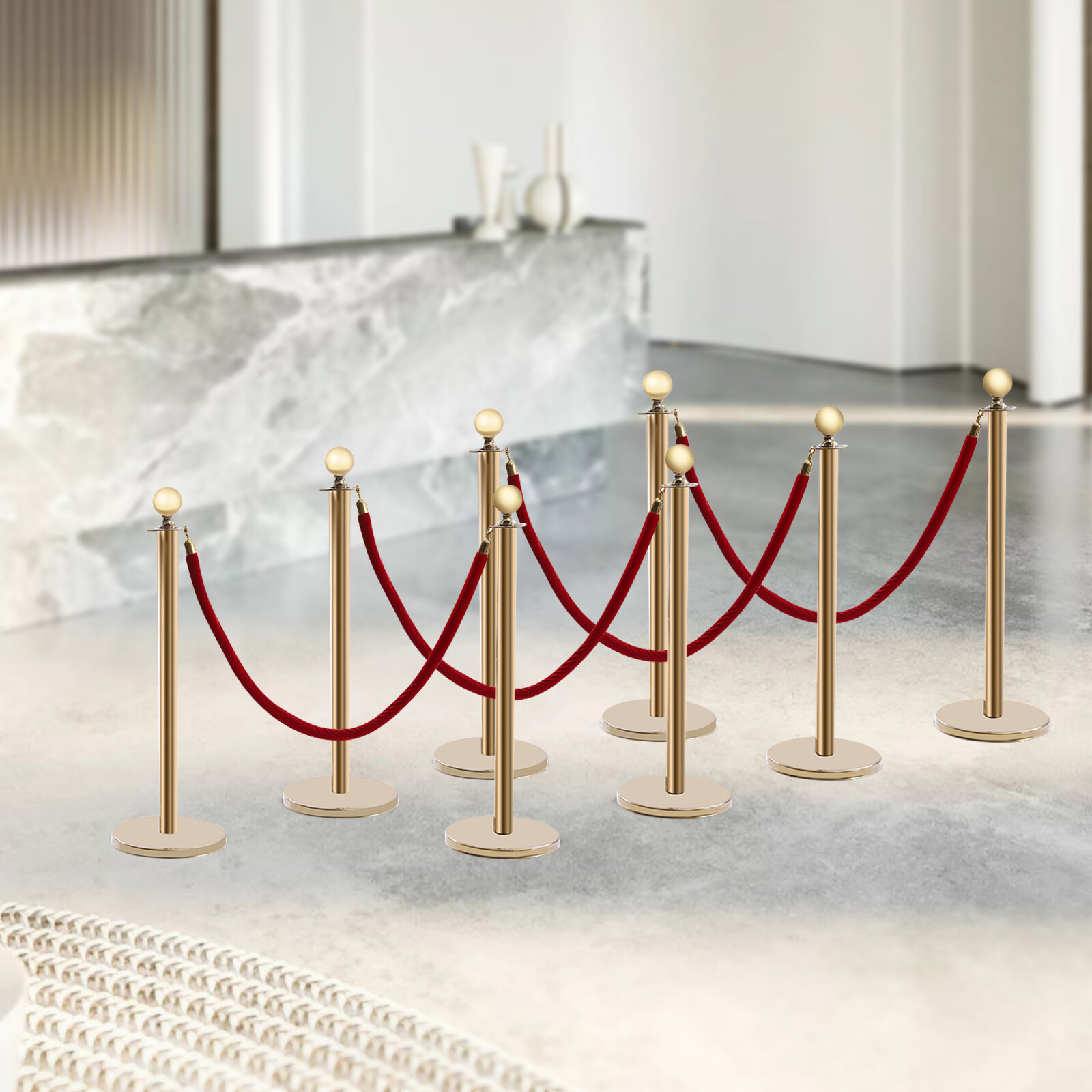 8 PCS Crowd Control Stanchion Gold Posts Set with Red Velvet Rope Queue Barrier