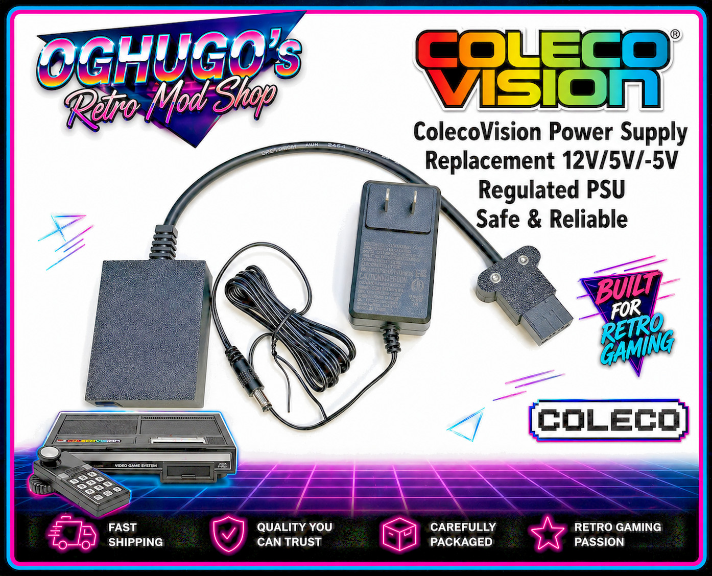 ColecoVision Power Supply Replacement 12V/5V/-5V Regulated PSU Safe & Reliable