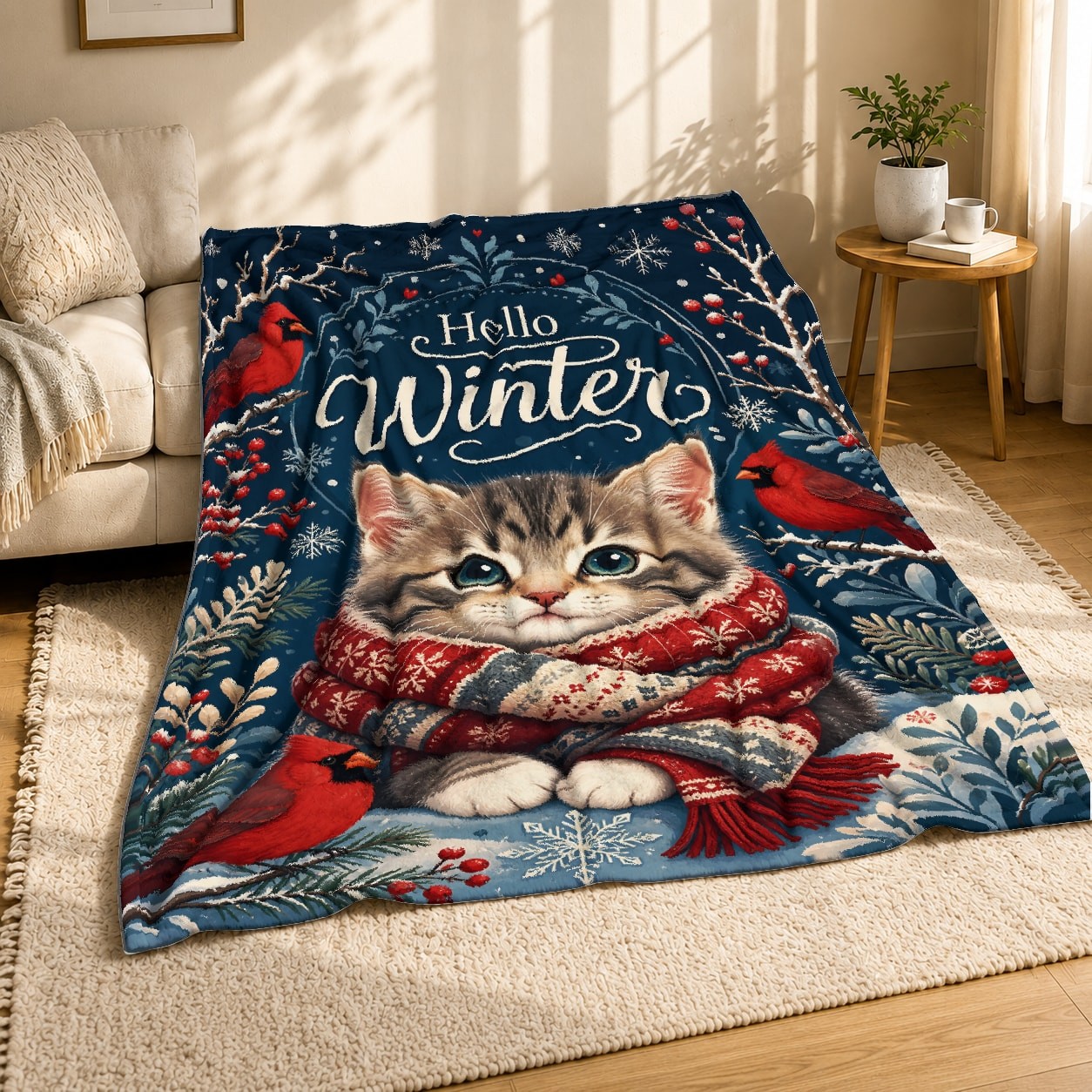 Hello Winter Cat Cardinals Coral Fleece Blanket Seasonal Decor