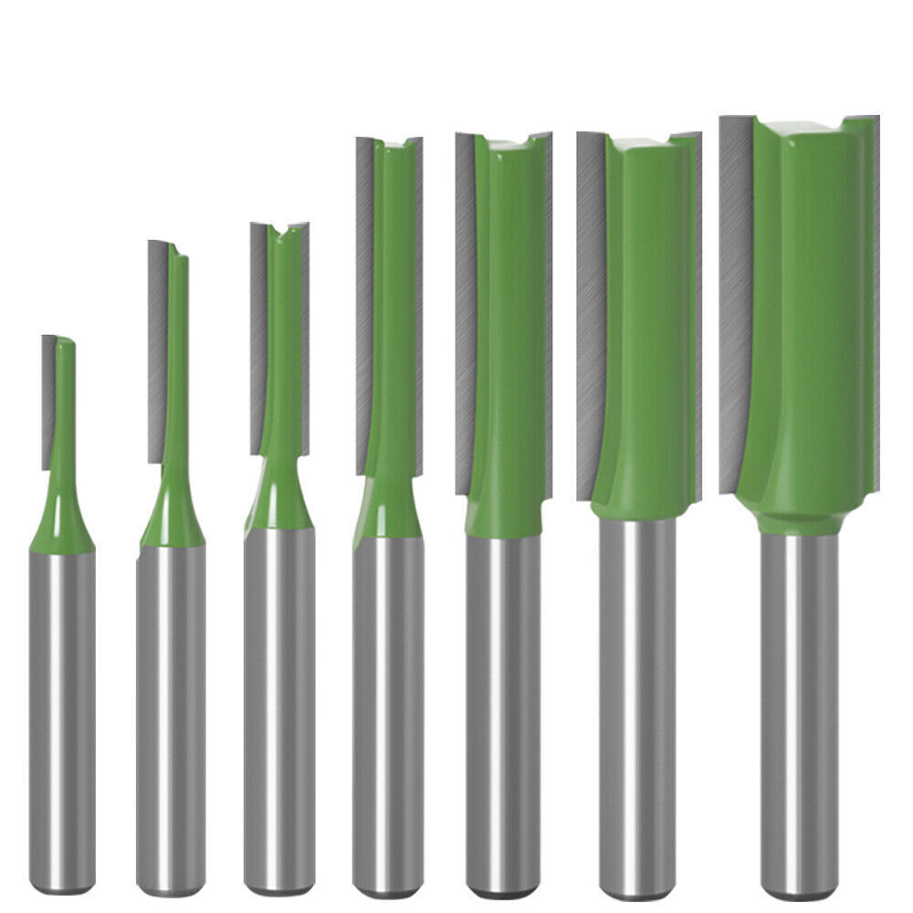 7Pcs 1/4" Shank Single Double Flute Straight Router Bit Tool Set For Woodworking