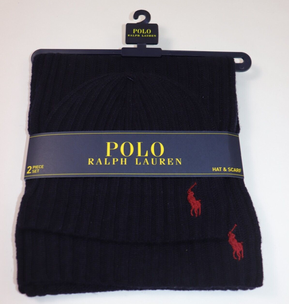 NEW RALPH LAUREN Men's Scarf Hat Navy Pony FISHERMAN Ribbed Winter Set $168