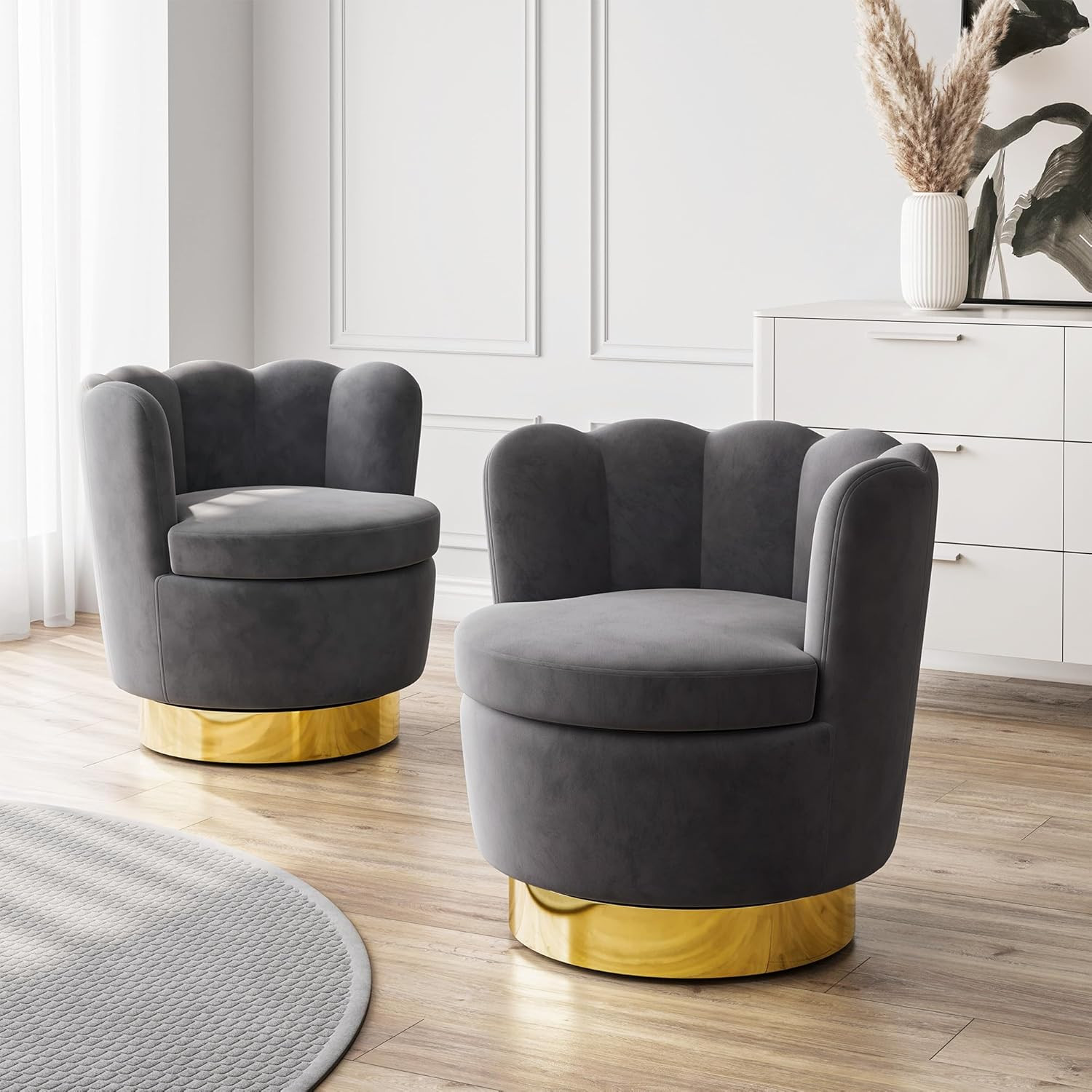 Set of 2 Modern Velvet Swivel Accent Chairs - Dark Grey Barrel Design