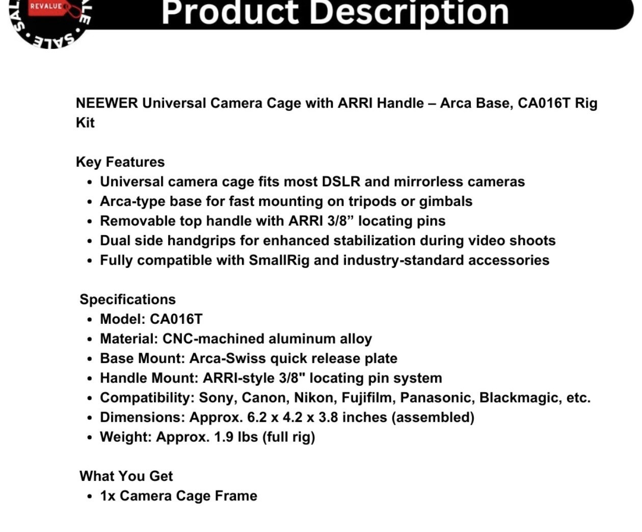 NEEWER Universal Camera Cage with ARRI Handle – Arca Base, CA016T Rig Kit
