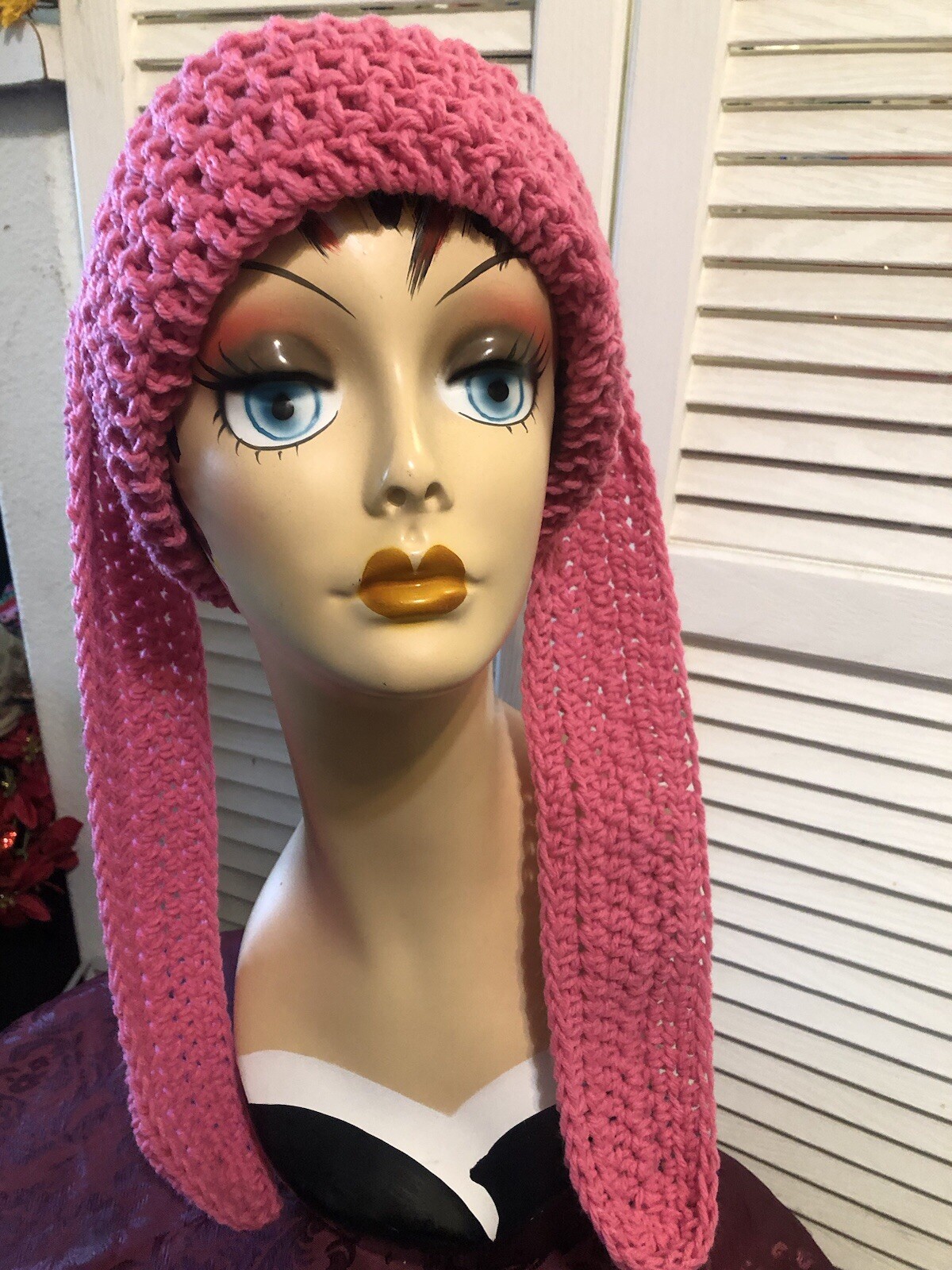Pink Long Ear Bunny Beanie- Hand Crochet- Adult, Unisex- Soft- One Of Kind-