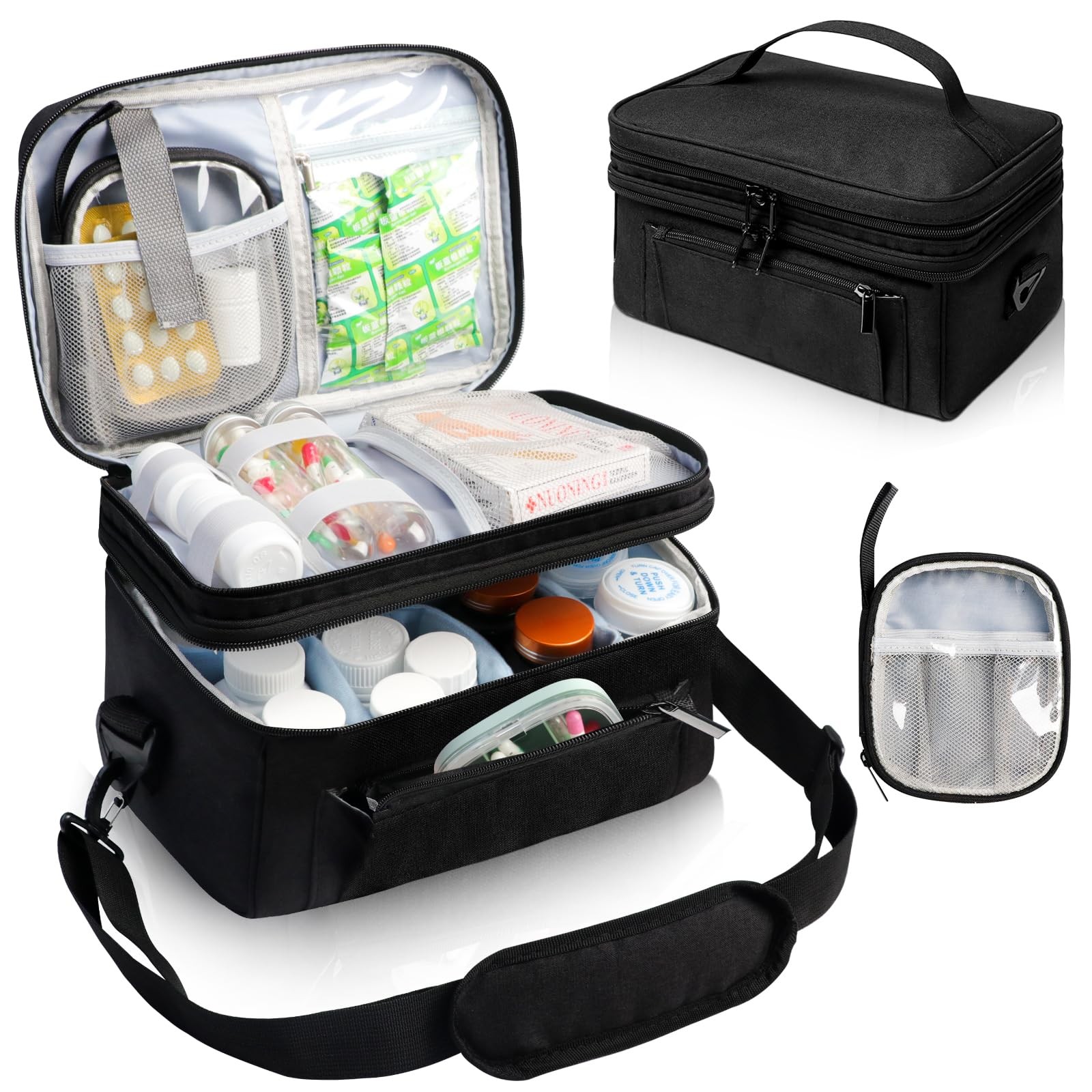 Tesuko Medicine Bag for Traveling with Portable Small Pouch, Double Black