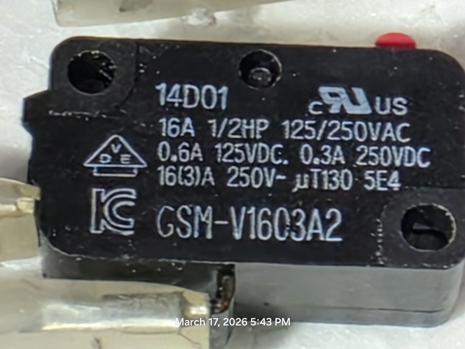 Microswitch 16A 1/2HP 125/250V (4 Pack) 2603171741