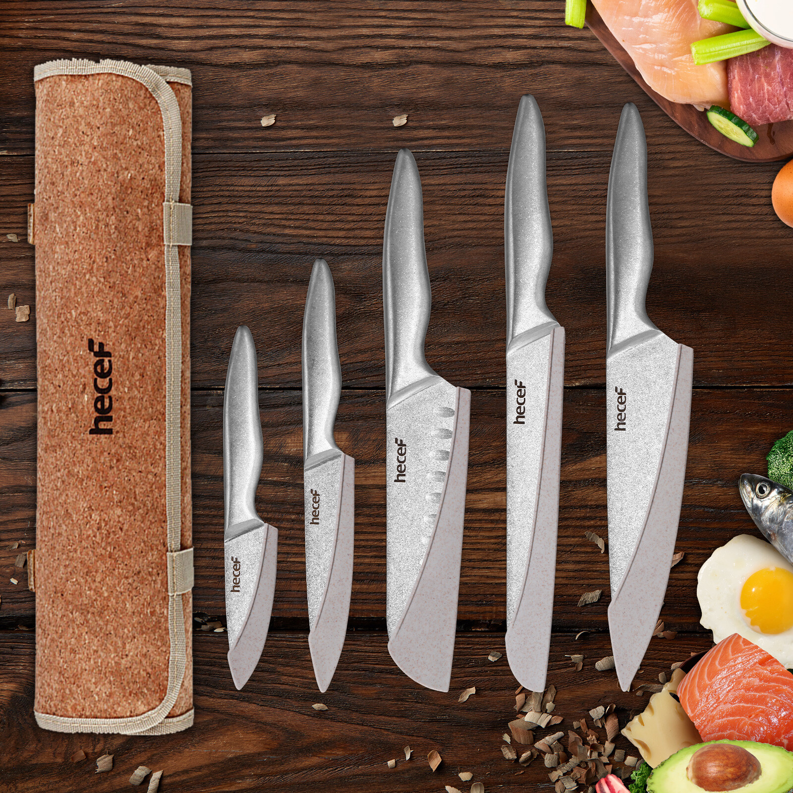 Hecef Kitchen Knife Set 5Pcs Stonewashed Chef Knife Cutlery Set Dishwasher Safe