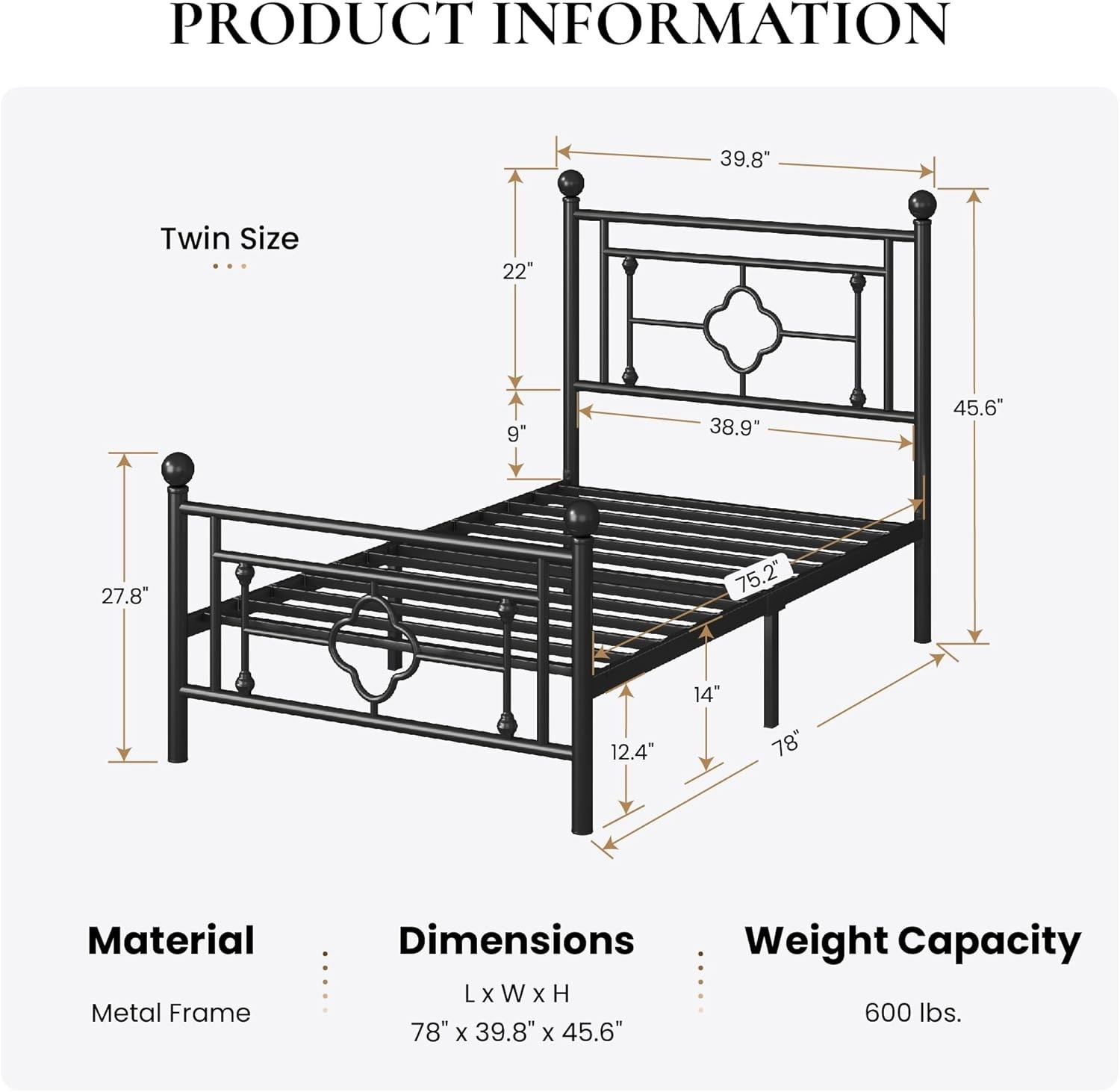 Space-Saving Twin Bed Frame with Headboard, Underbed Storage, Easy Assembly