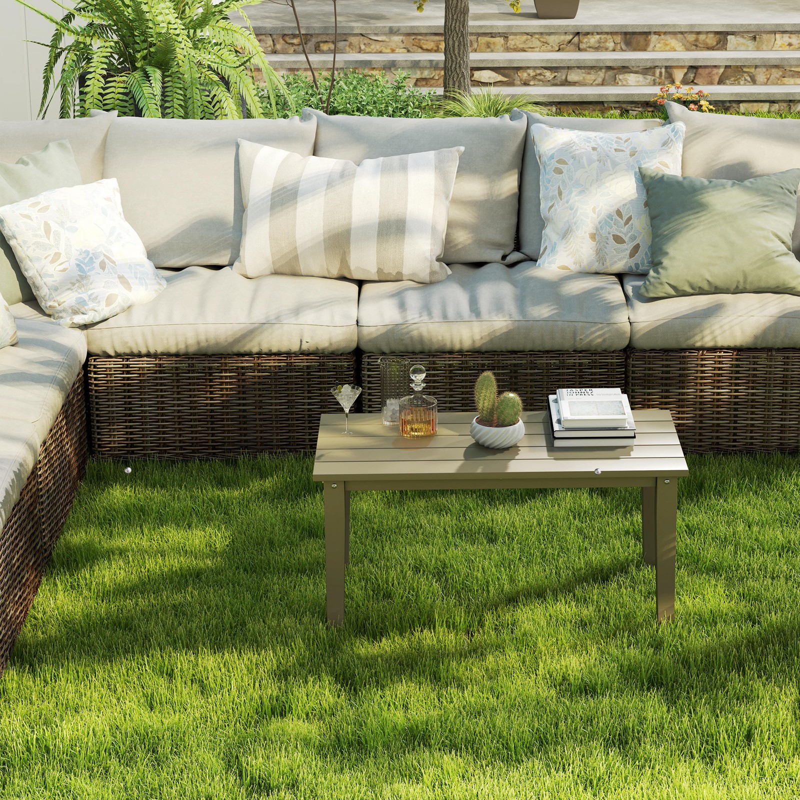 Outsunny HDPE Outdoor Coffee Table, Rectangle Slatted Patio Table, Brown