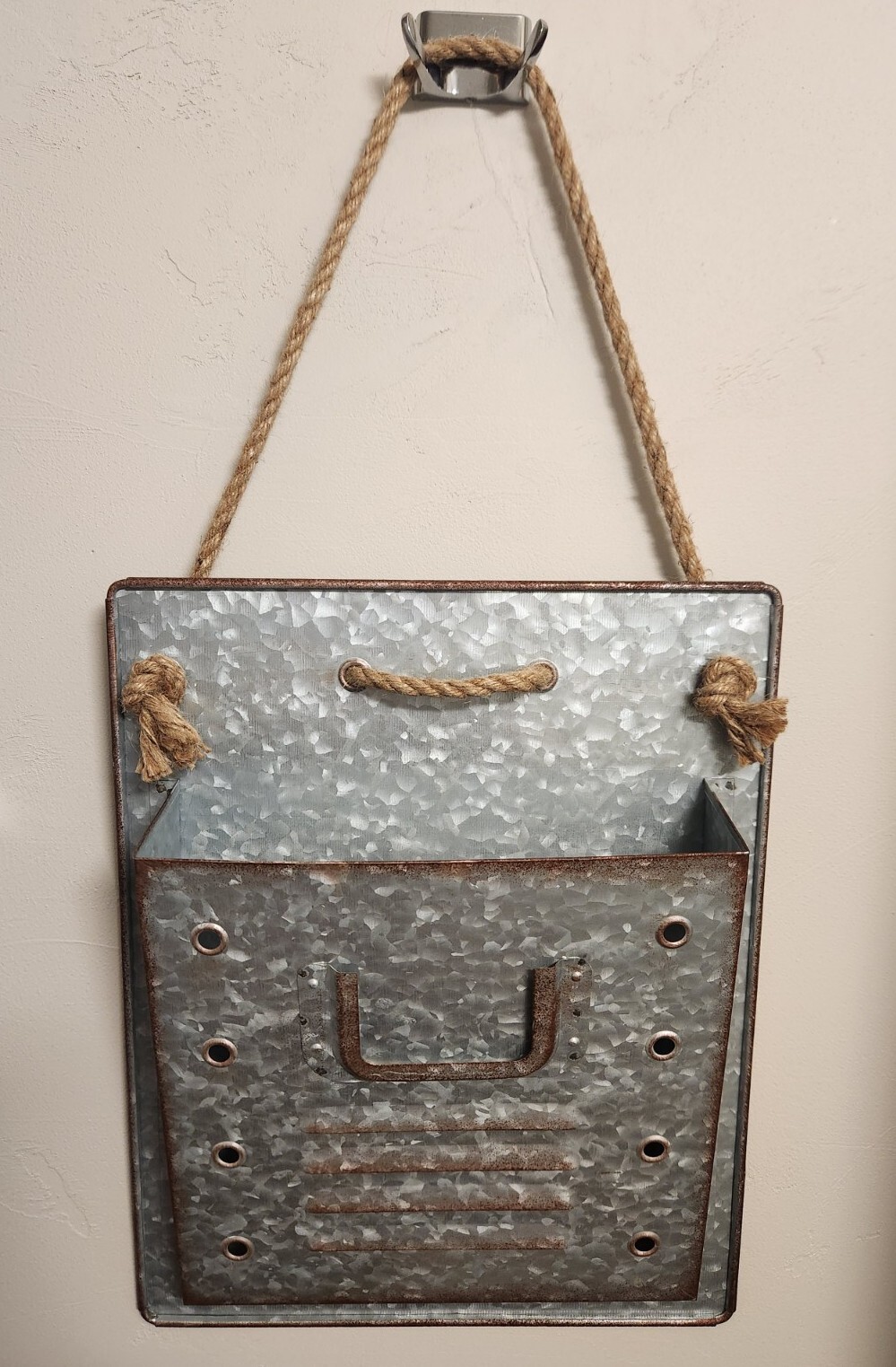 Hobby Lobby Galvanized Wall Pocket Organizer with Rope Detail 16½" x 12¼" x 3½"