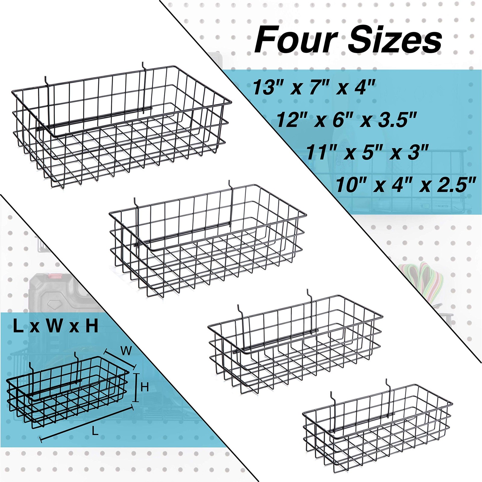 Pegboard Baskets Black Wire Shelf Square Style Garage Wall Organizer 4 PCS