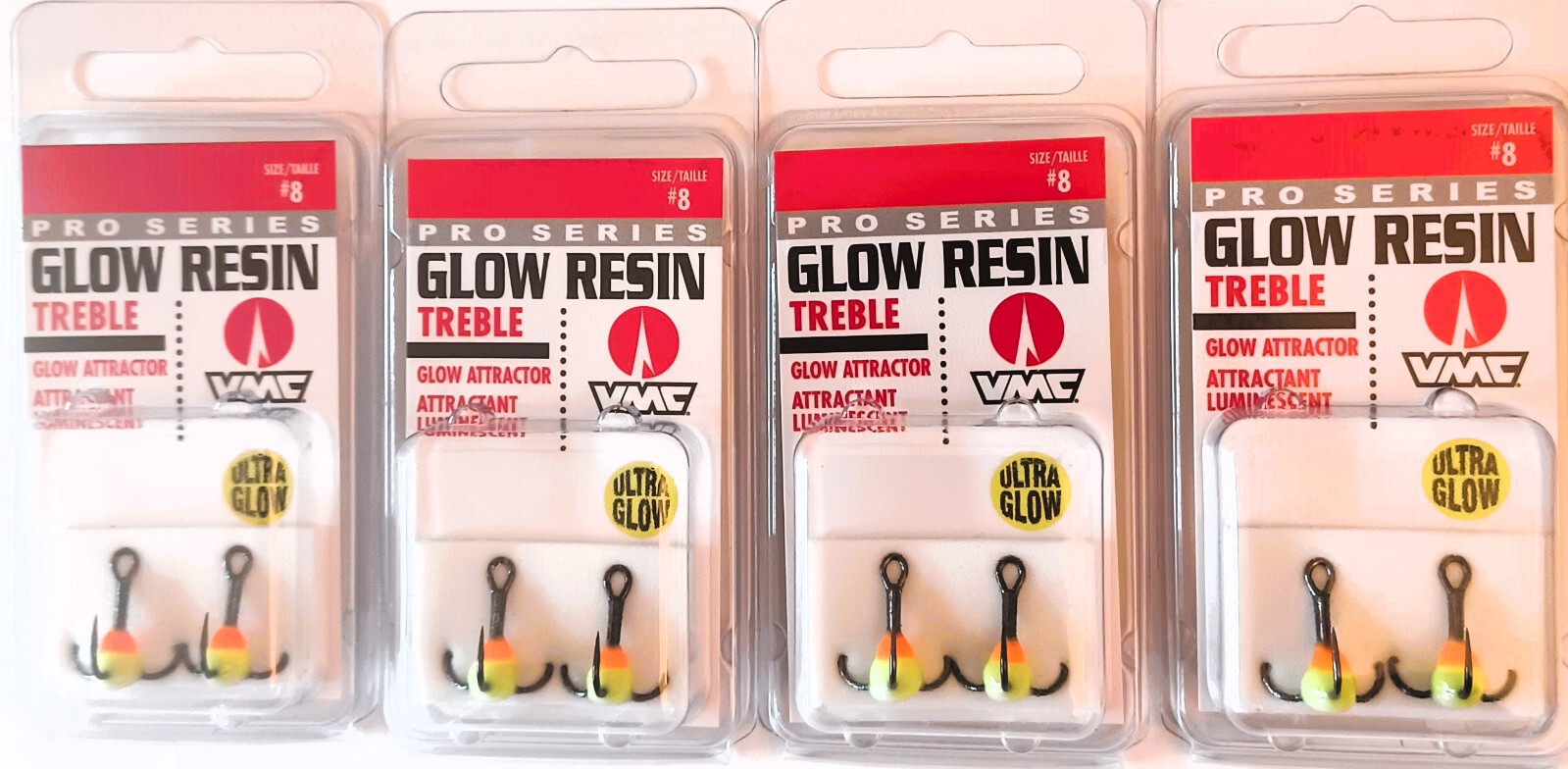 4 Packs of 2 (8 Hooks Total) VMC  Sz 8 Orange Chartreuse Glow Treble Fish Hooks
