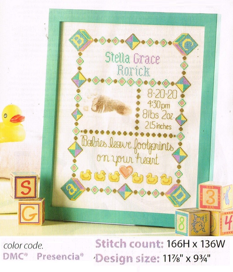 BABY FOOTPRINTS SAMPLER   CROSS STITCH PATTERN ONLY   YD   QEW