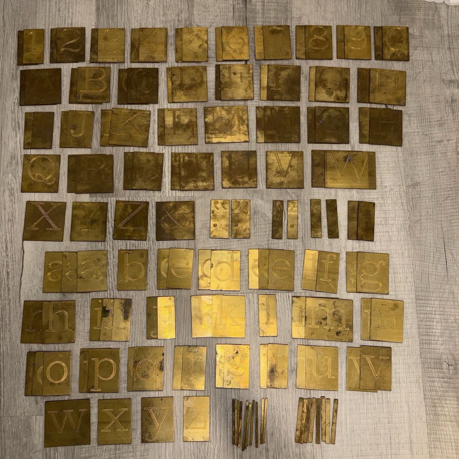 Large Lot of Brass Engraving Etching Font Set Letters Numbers Punctuation 2.75"