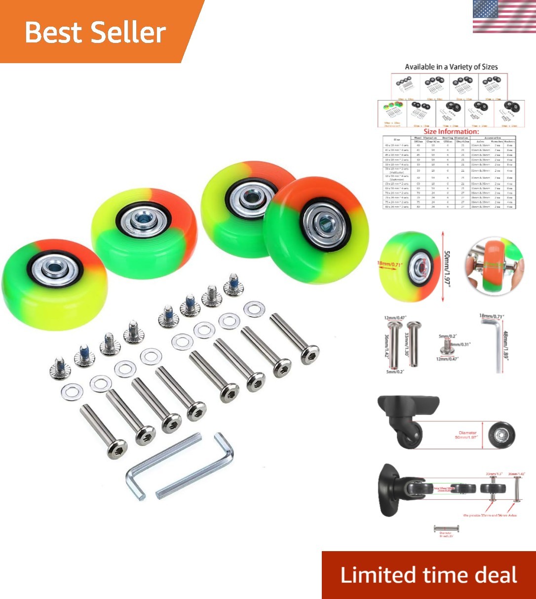 Versatile 50mm Colorful Replacement Wheels for Luggage - Set of 4 Caster Wheels
