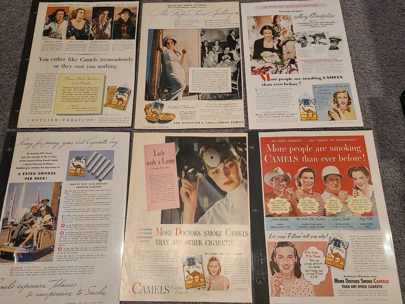Vintage Lot Of 6 Camel Cigarettes Camels Full Page Print Ads Female Doctor Nurse