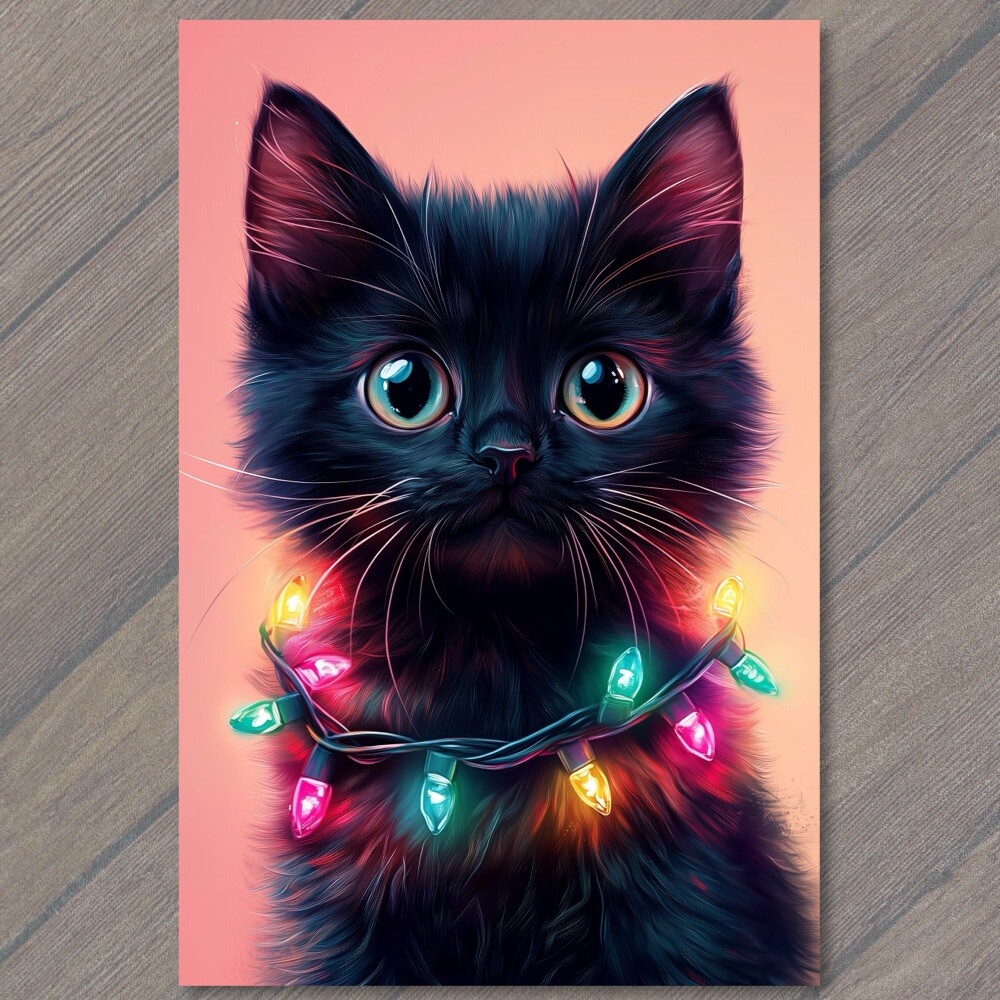 POSTCARD Cute Black Cat Kitten Christmas Lights Perfect Holiday Greeting Winter