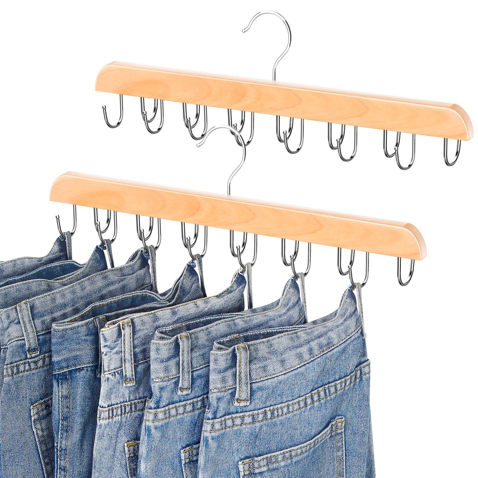 Jean Hangers for Closet 14 Wood Jeans Hooks Space Saving 180° Rotating Jean H...