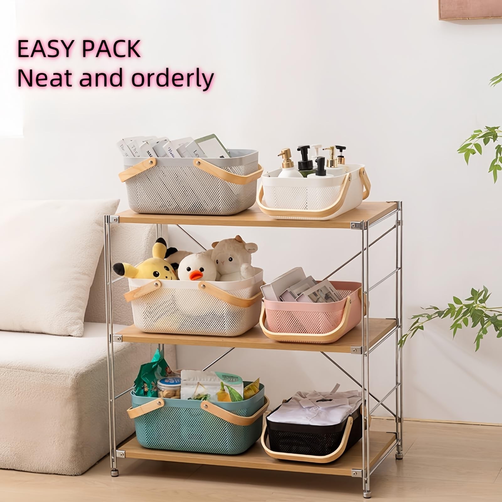 3pcs Collapsible Wooden Handle Plastic Harvest Basket - Rectangular Garden St...