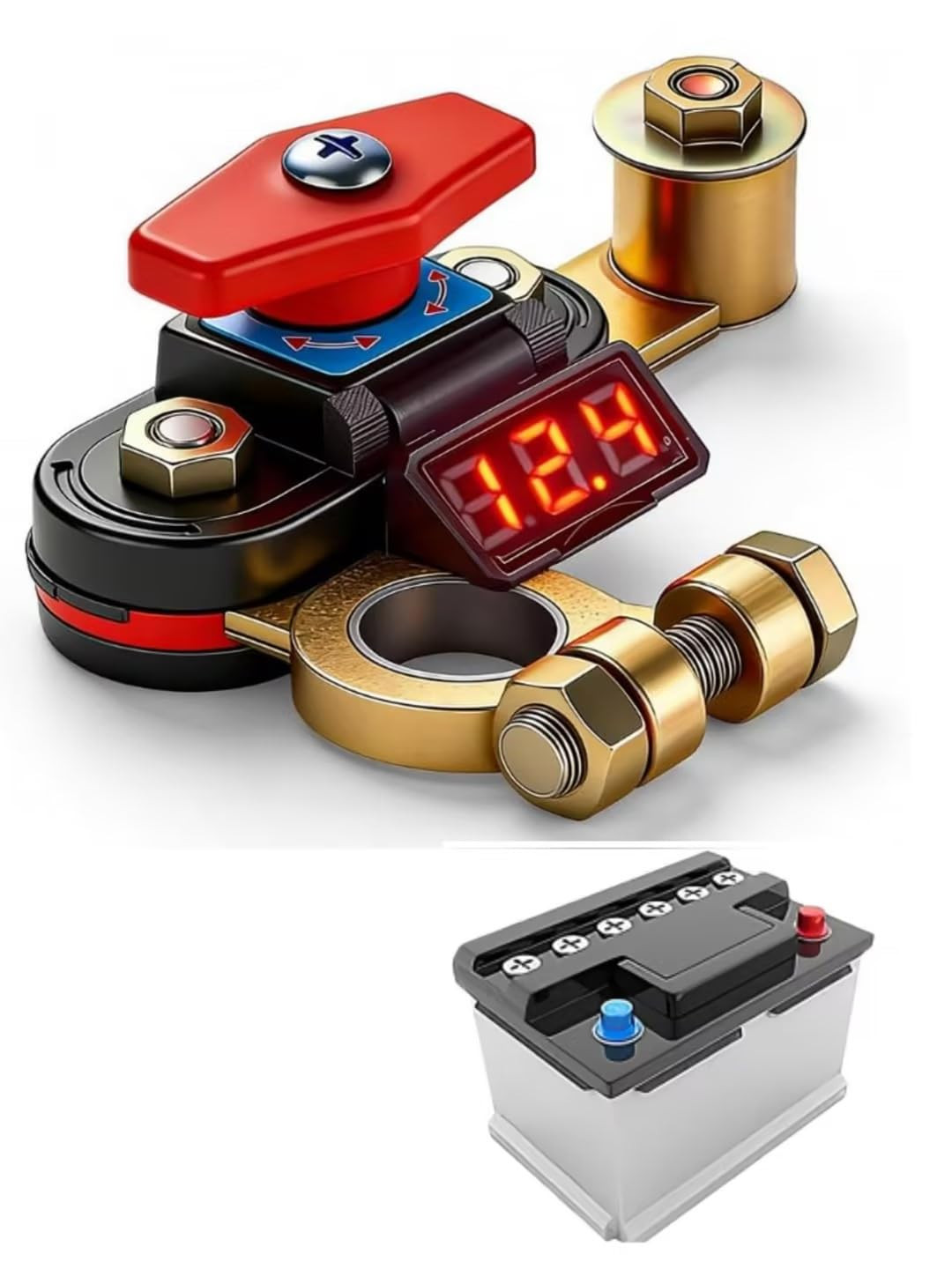 Universal Car Battery Disconnect Switch Leak Protector with LED Voltage,Copper M