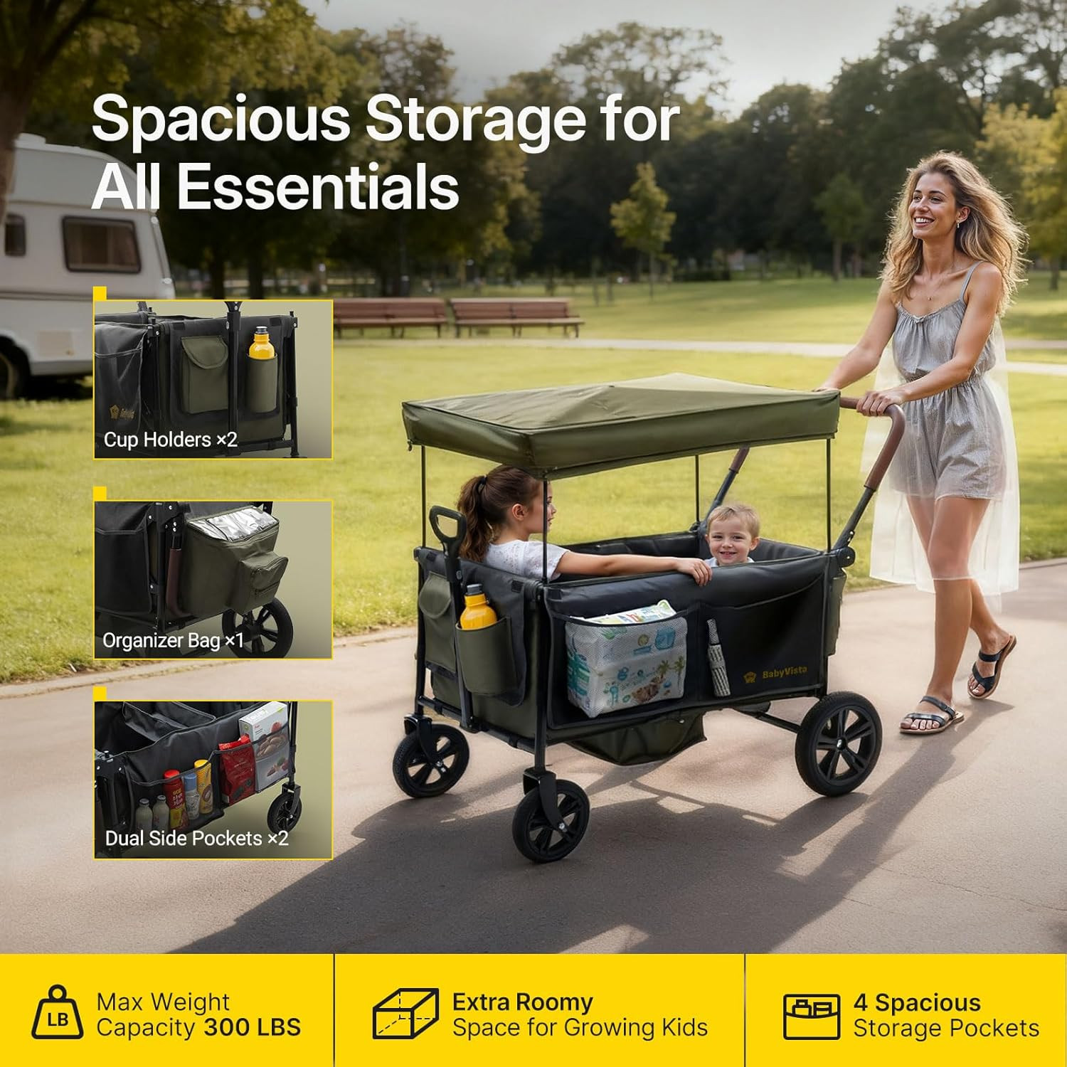 Stroller Wagon for Kids, One-Hand Adjustable Push/Pull Handle, Spacious Storage,