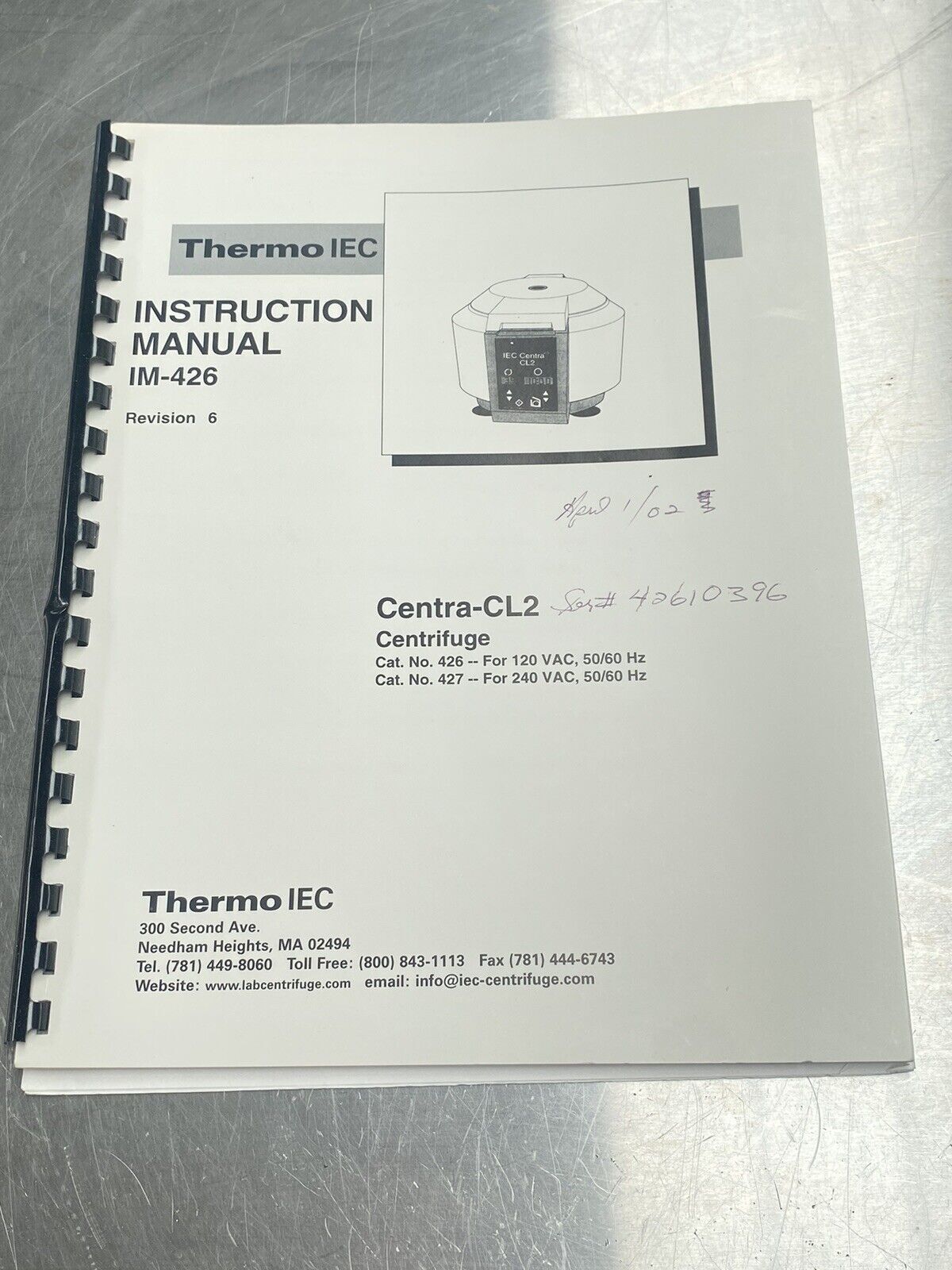 Thermo IEC Central-CL2 Centrifuge Im-426 - Users Manual / Instructions Book
