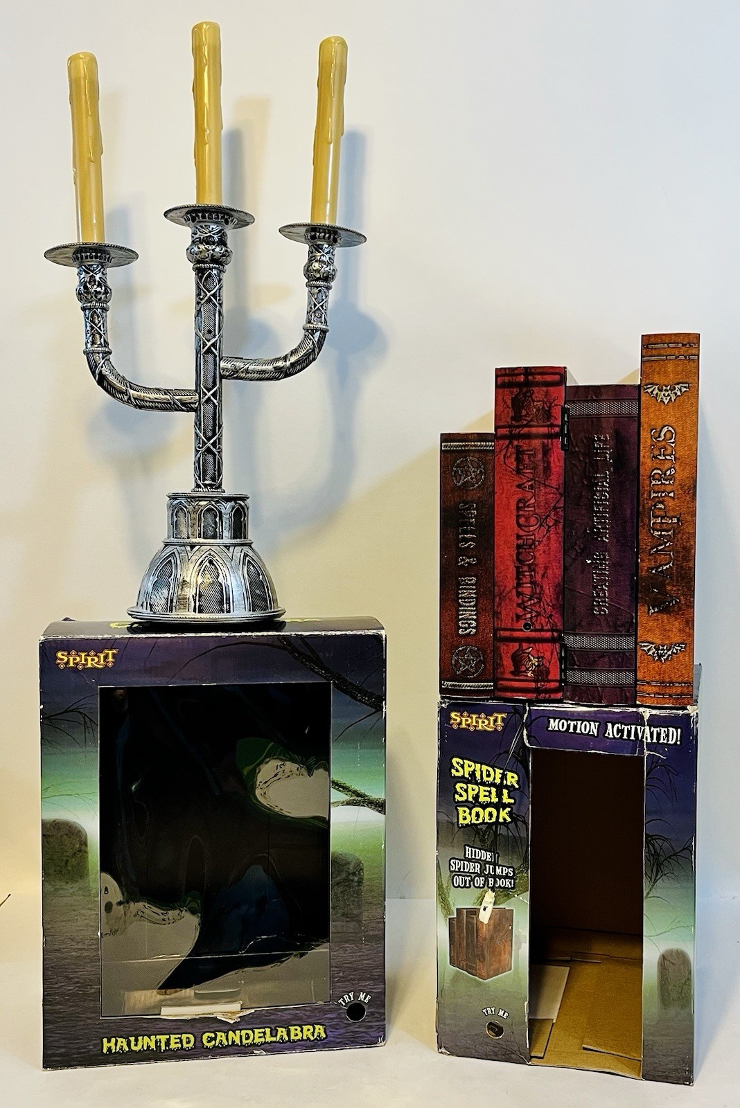 Halloween Spirit ANIMATED SPIDER SPELLBOOK + CANDELABRA Motion Activated Jumping