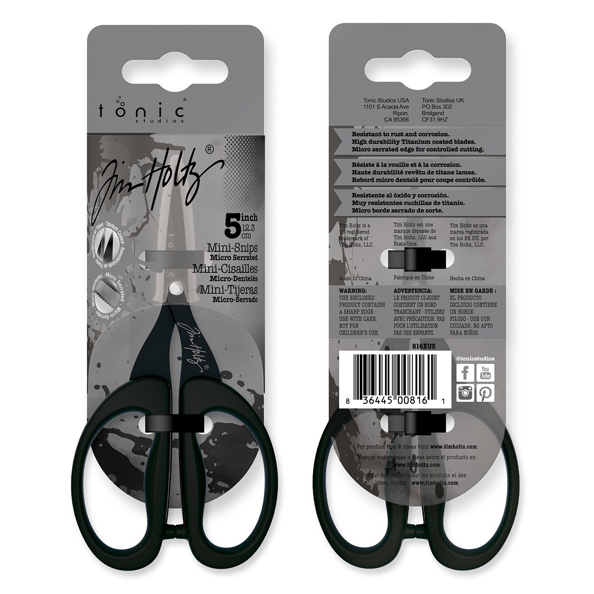 3 Pack - Tim Holtz Non-Stick Titanium Micro Serrated Mini Snips 5"-Black - 816