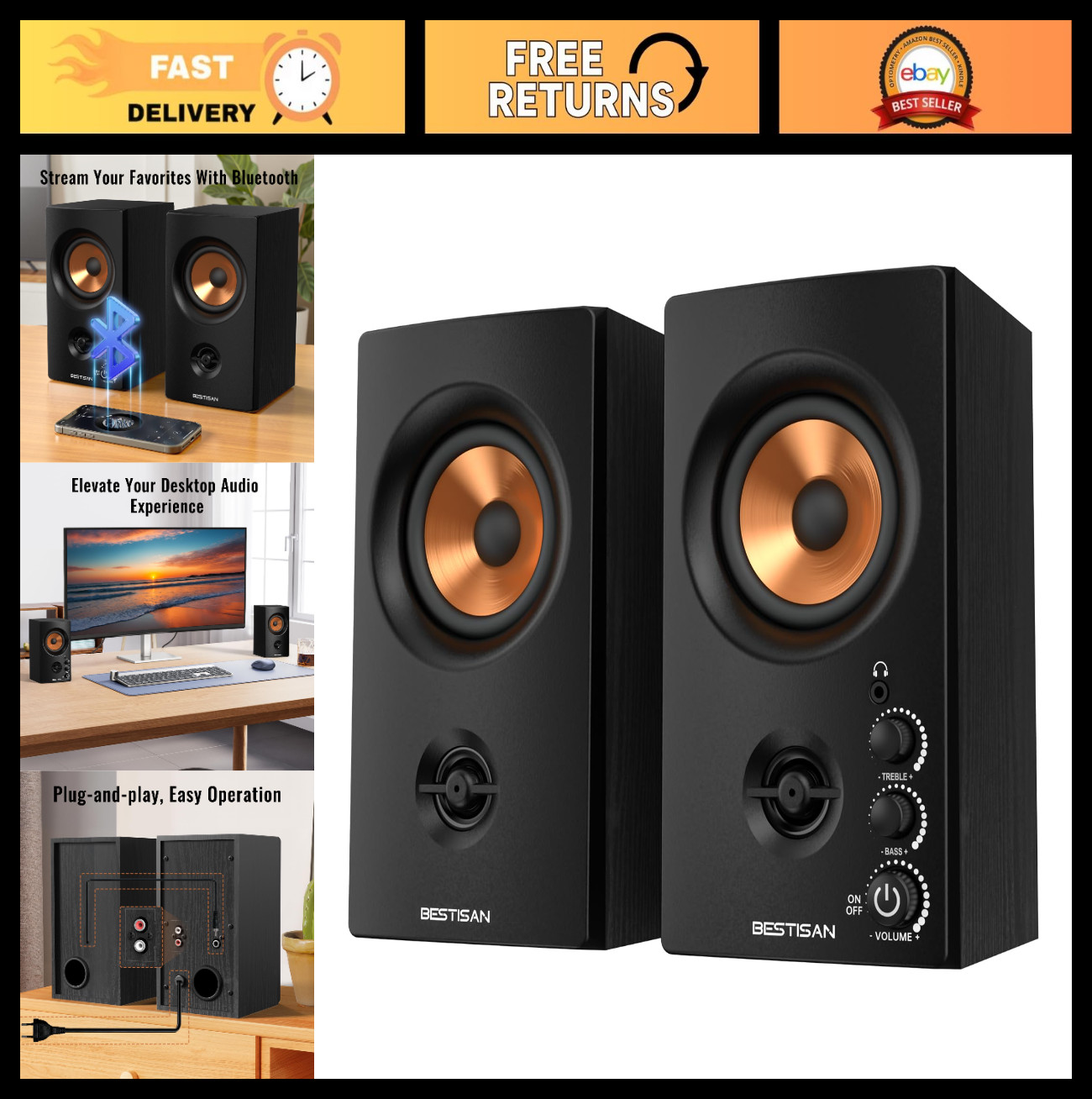 Active Bookshelf Speakers for Record Player | Wireless & Wired Dual Input, 50W S