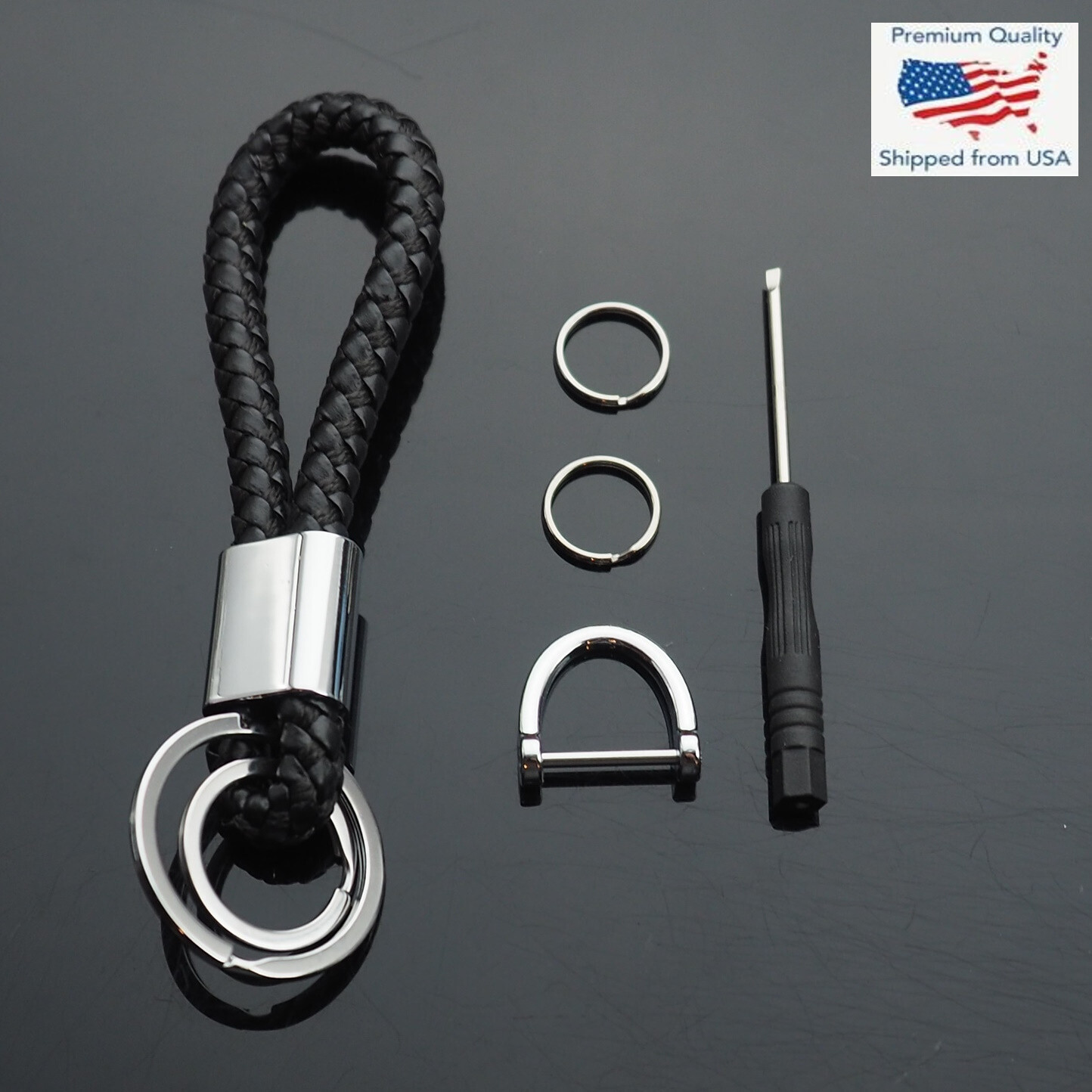 Black Leather Loop Rope Car Keychain Dual Split Ring w/ Fob U D Horseshoe Buckle
