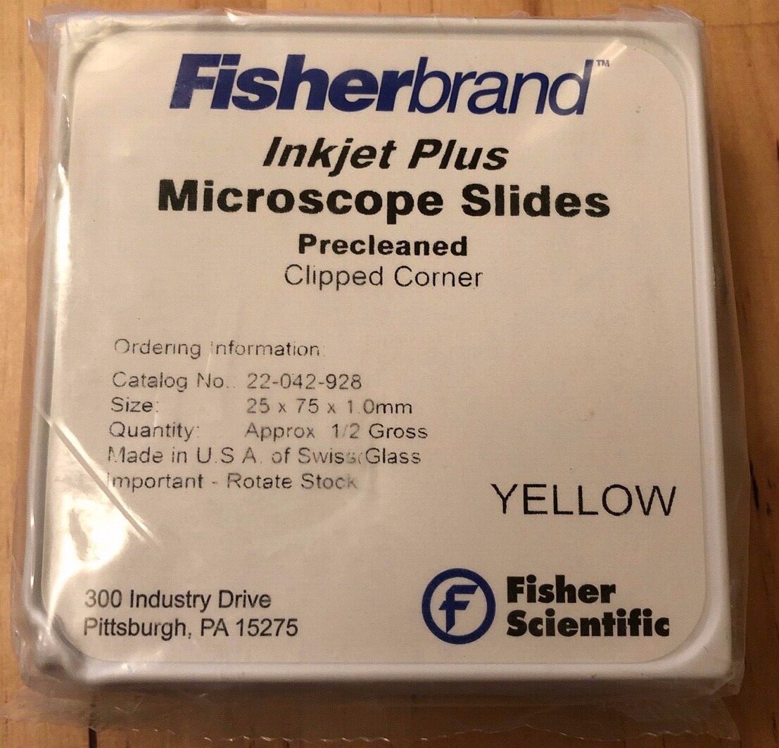FisherBrand Inkjet Plus Microscope Slides 22-042-928 Yellow Precleaned Clipped