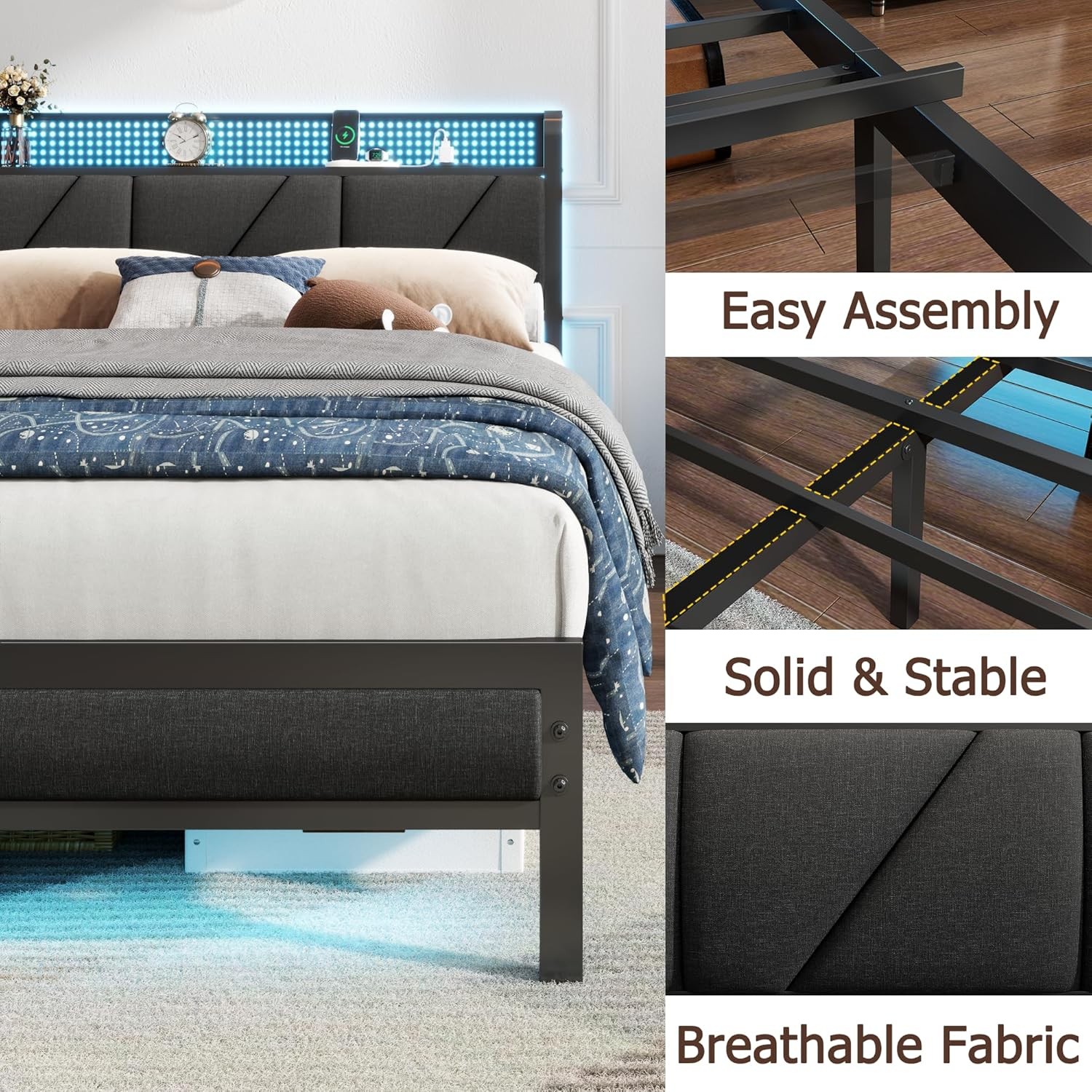 Full Size Bed Fre with Headboard and Stora Shelf, LED Light
