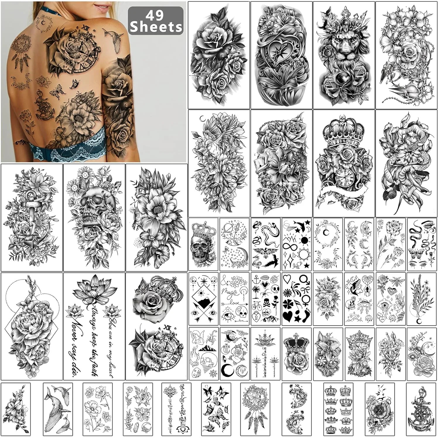 49 sheets Large Flowers Butterfies Crown Waterproof Temporary Tattoos fo