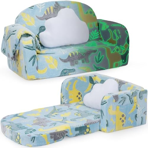 Extra Wide Kids Couch, 2-in-1 Soft Toddler Couch with Blanket, Glow in Dinosaur