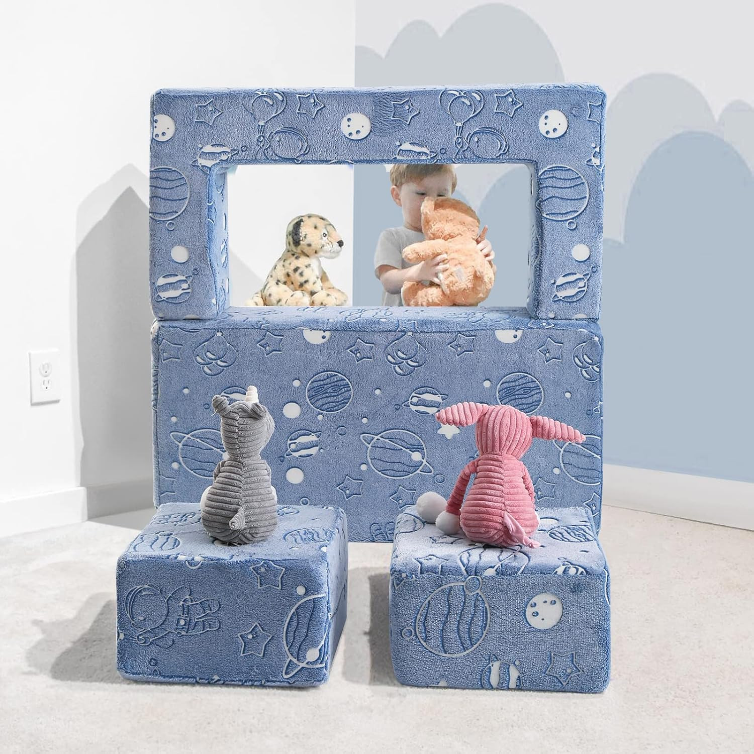 Glow in the Dark Blue Modular Play Couch for Kids - Fun Foam Lounge Sofa