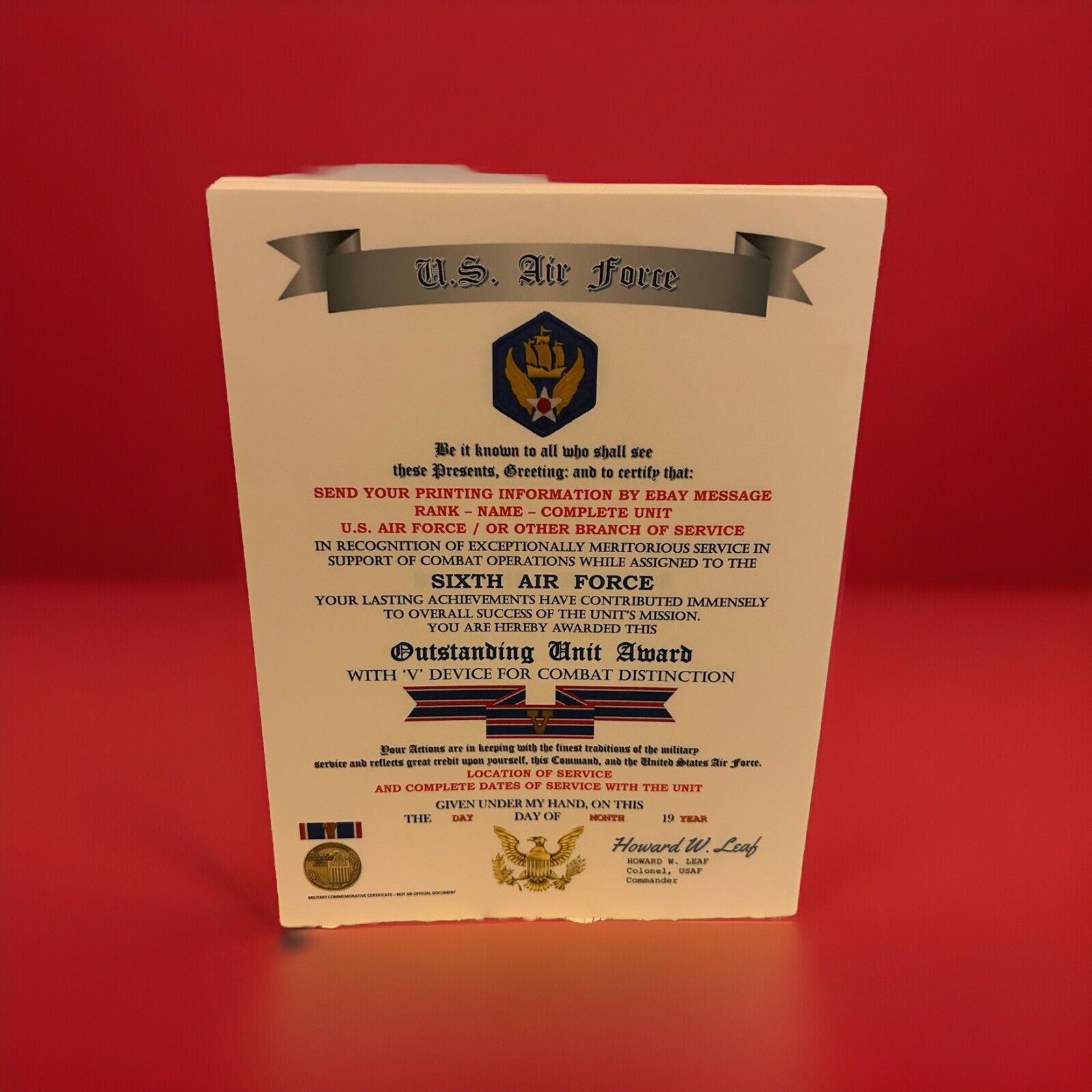 U.S. AIR FORCE / 6TH AIR FORCE - OUTSTANDING UNIT AWARD W/V DEVICE CERTIFICATE