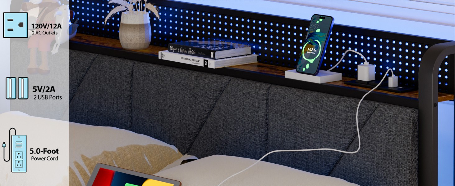 Full Size Bed Fre with Headboard and Stora Shelf, LED Light