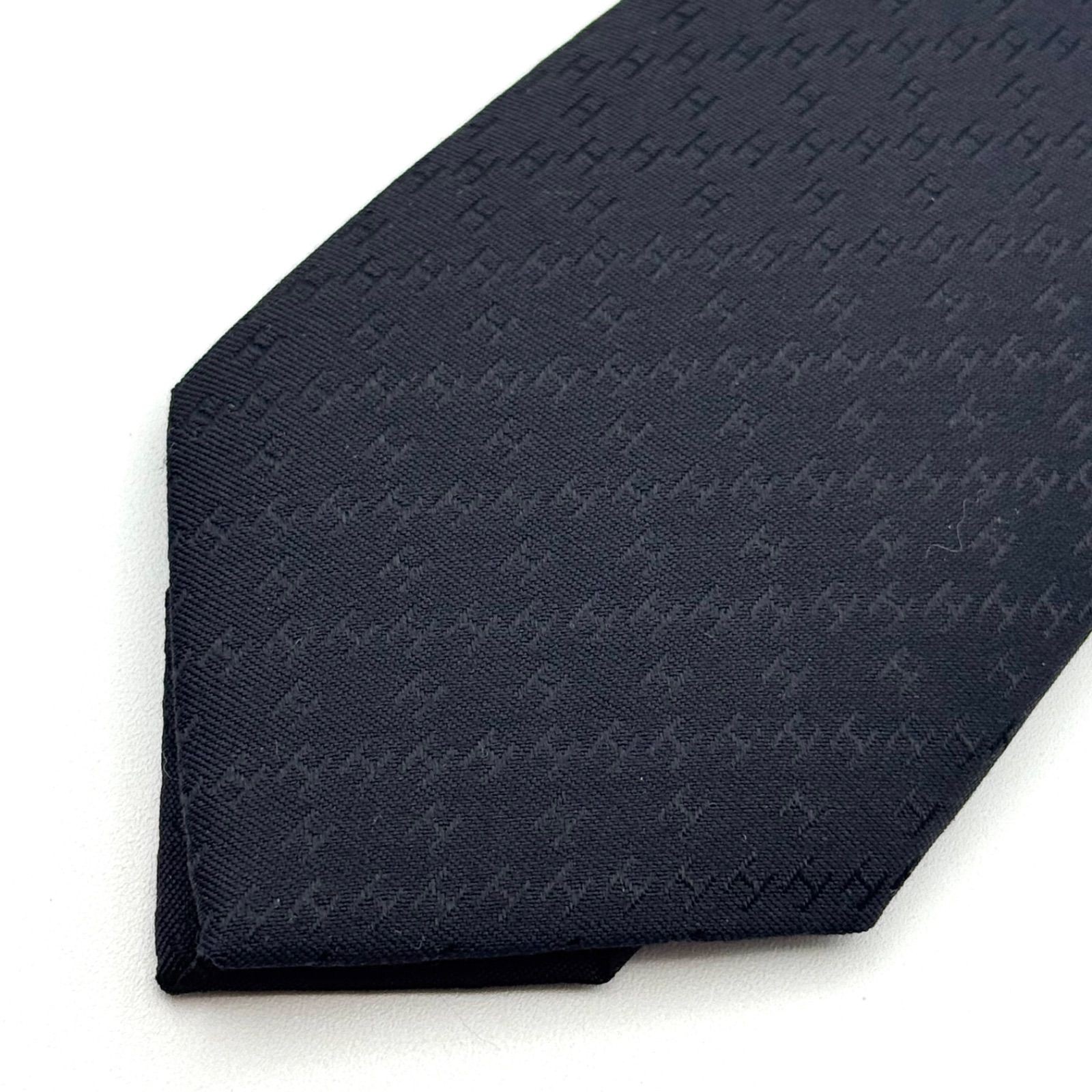 Hermes Fasone H Pattern Jacquard Black Silk Tie with Tag & Box