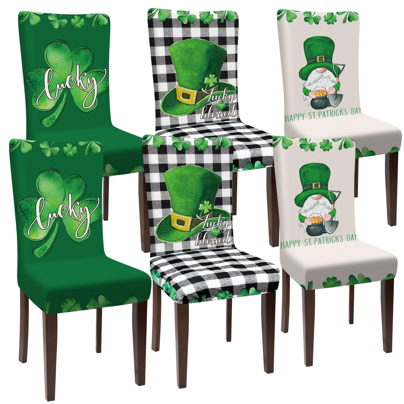 Dining Chair Cover, 6 Pcs St. Patrick's Day, Shamrock Gnome, Plaid, Stretchable,