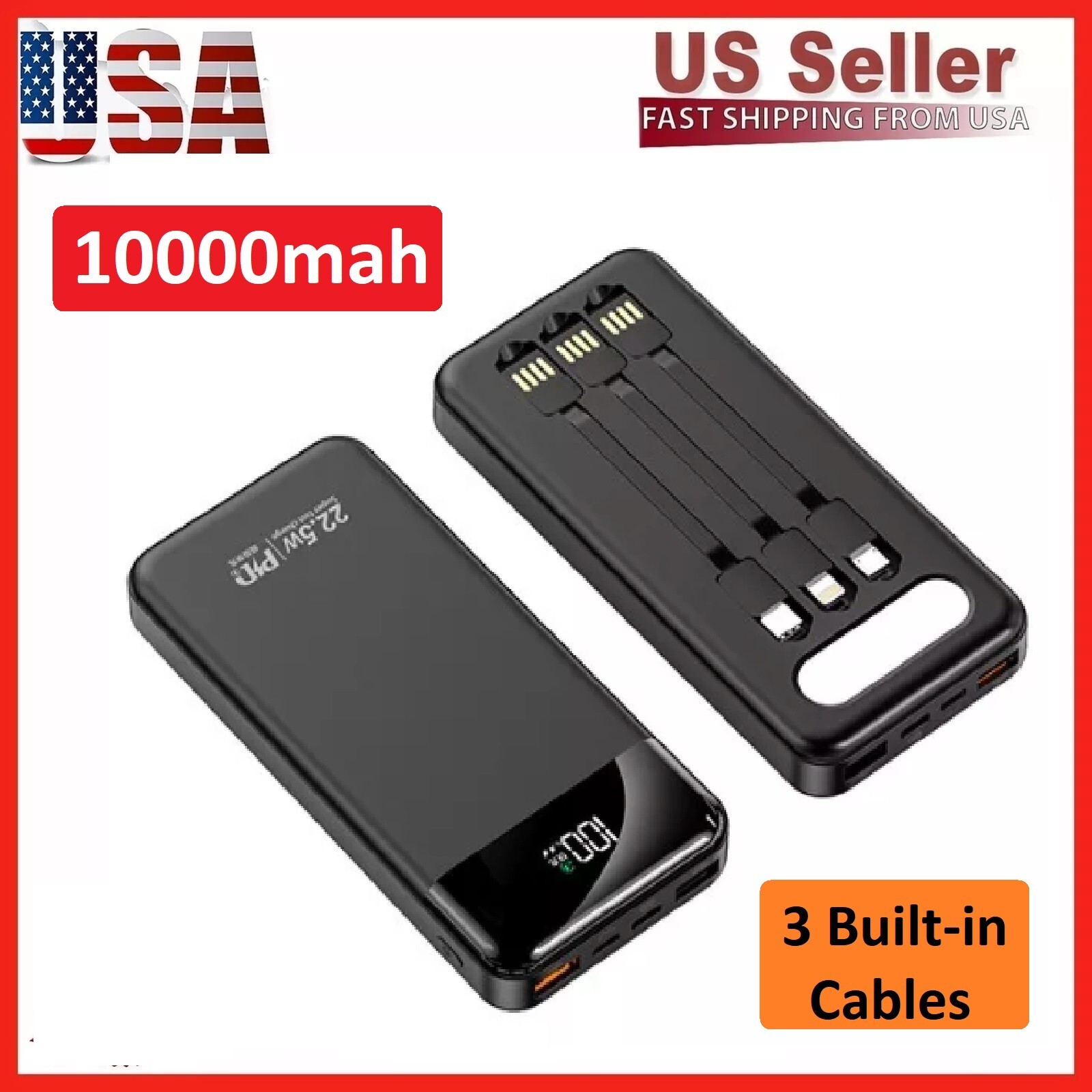 Portable Power Bank 10000mAh Fast Charging Battery with 3 Built in Cable BLK/WHT
