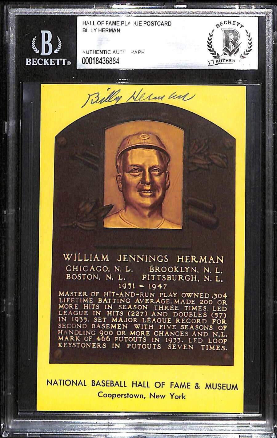 1964-Date Hall of Fame Plaque Billy Herman  BGS Auto Autograph BAS B102331