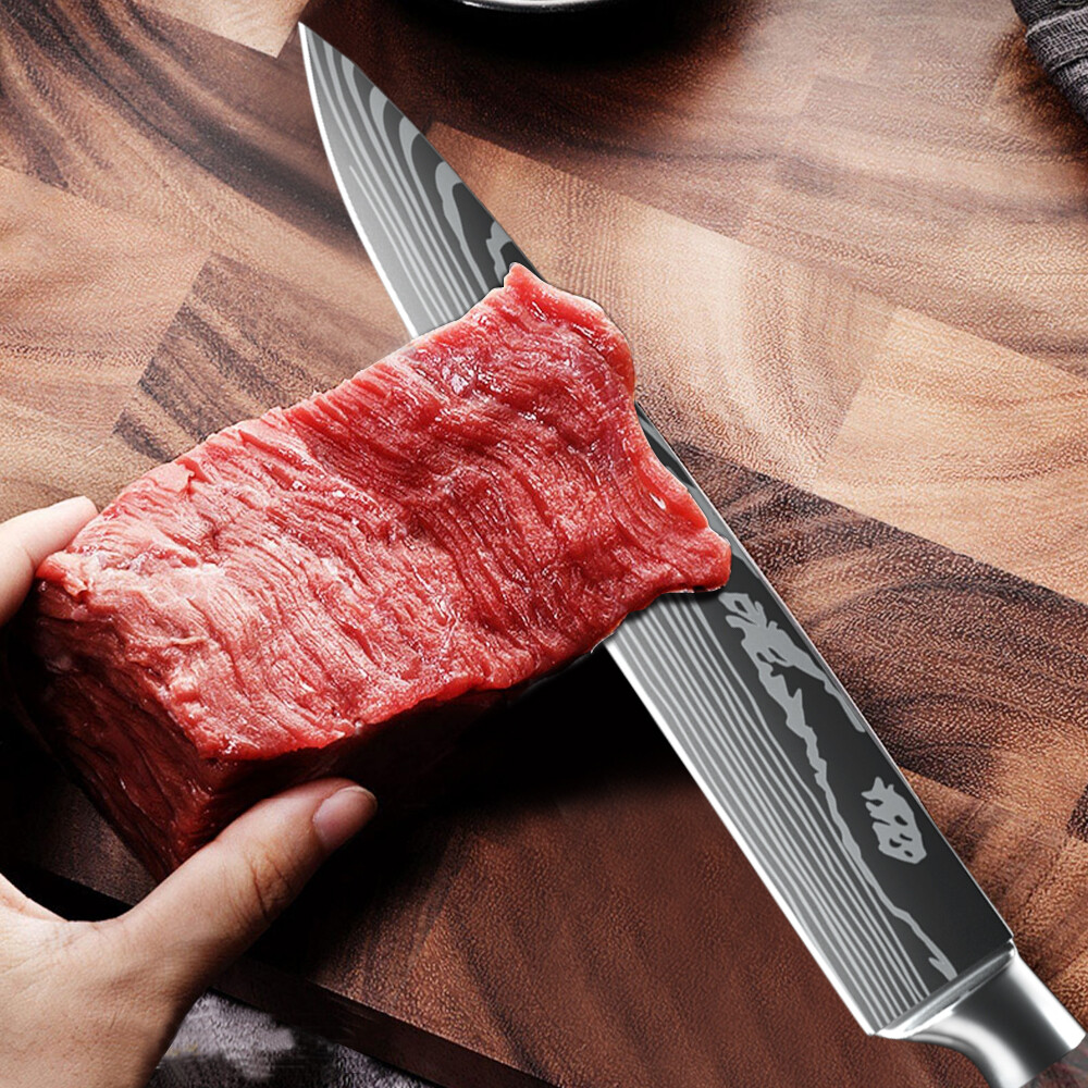 8inch Kitchen Knives Set Laser Damascus Pattern Chef Knife Cleaver Tool USA
